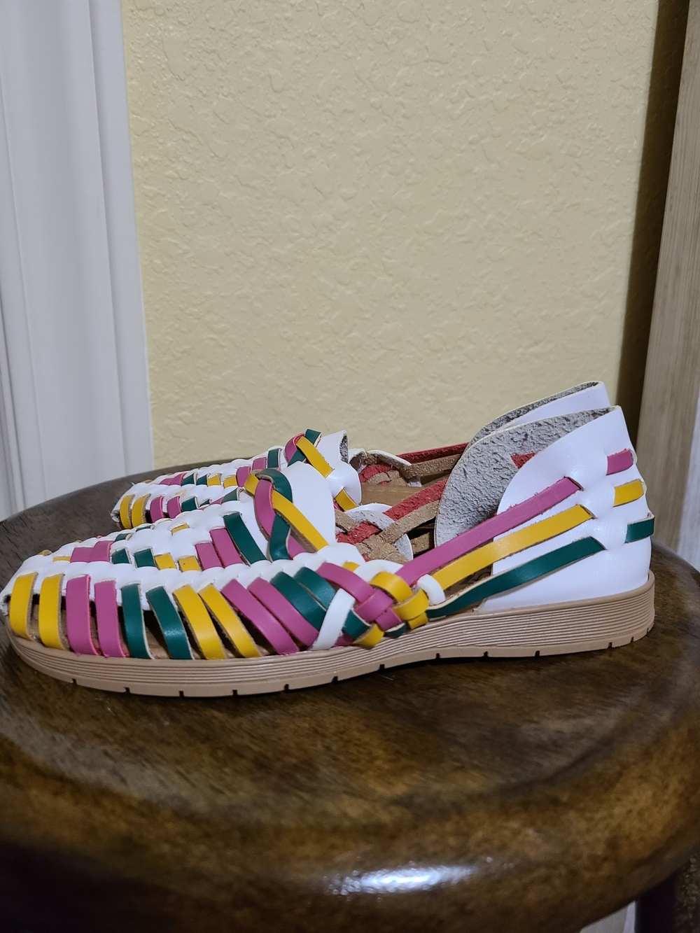 Multicolor Woven Huarache Flats - White, Pink, Yellow, Green Size 5